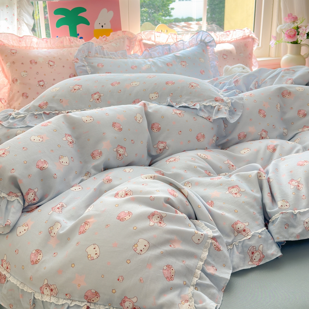 91家纺网 家纺一手货源 找家纺 淑女公社家纺 2025新款全棉纯棉双层纱四件套-可爱猫 可爱猫 蓝色