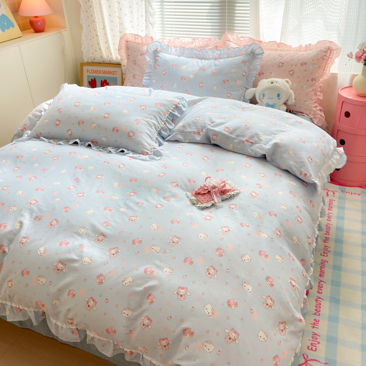 91家纺网 家纺一手货源 找家纺 淑女公社家纺 2025新款全棉纯棉双层纱四件套-可爱猫 可爱猫 蓝色