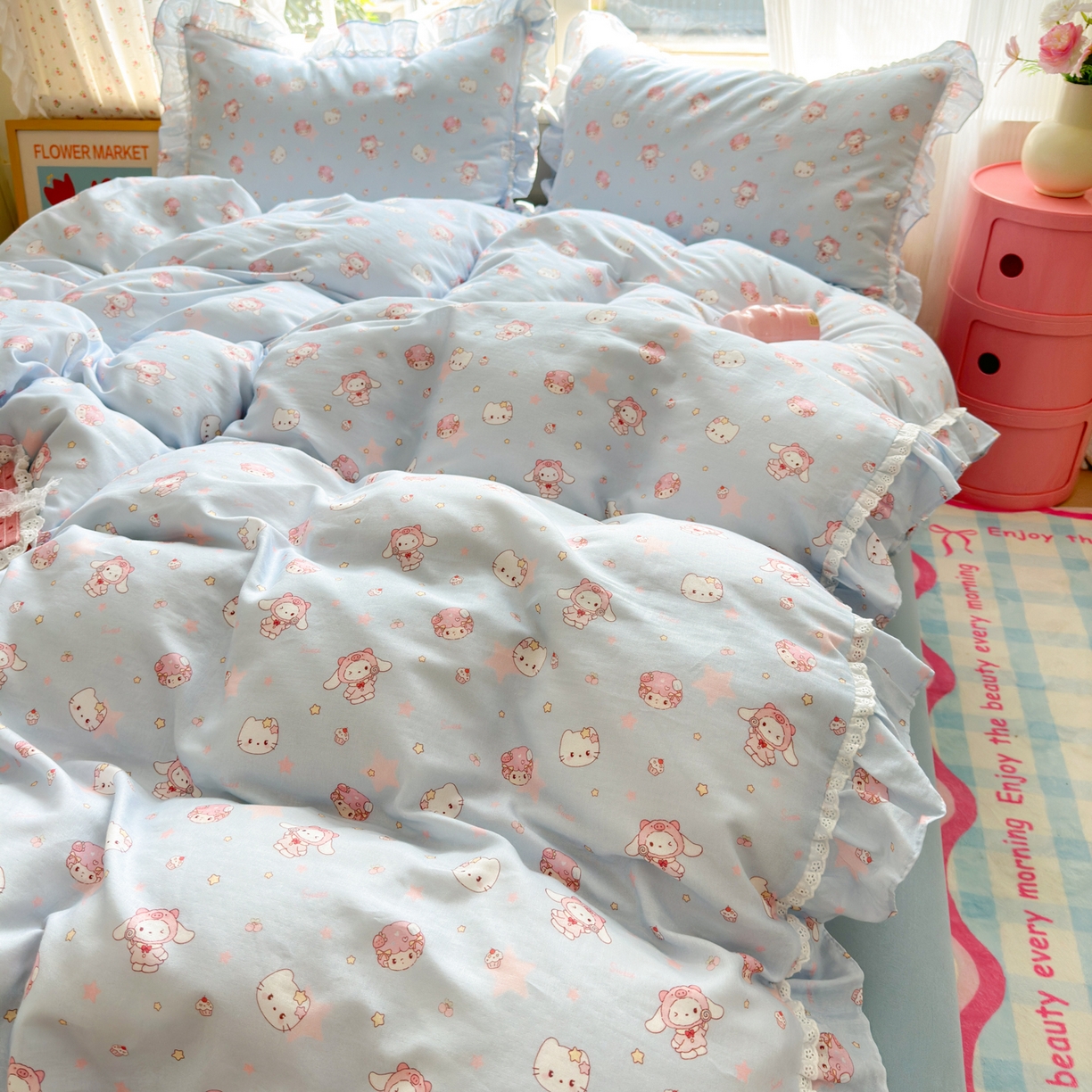 91家纺网 家纺一手货源 找家纺 淑女公社家纺 2025新款全棉纯棉双层纱四件套-可爱猫 可爱猫 蓝色