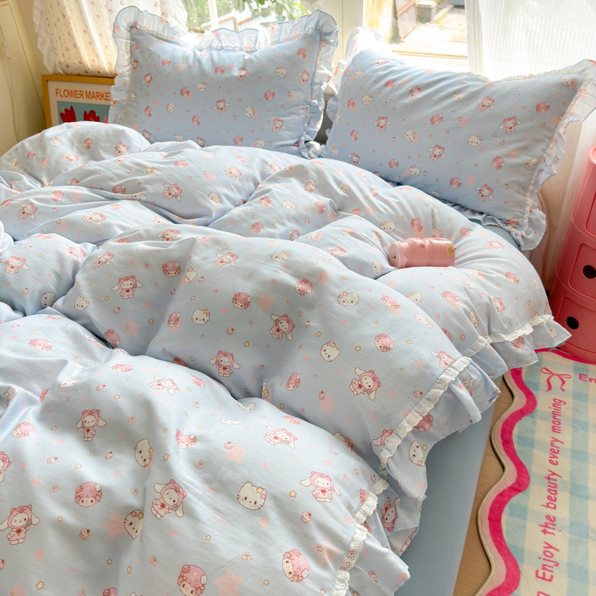 91家纺网 家纺一手货源 找家纺 淑女公社家纺 2025新款全棉纯棉双层纱四件套-可爱猫 可爱猫 蓝色