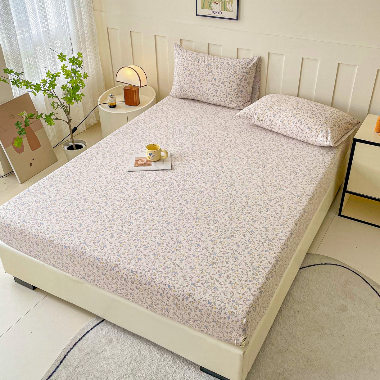 91家纺网 家纺一手货源 找家纺 首爱家纺 2025新款木棉双层纱印花床笠 花苑