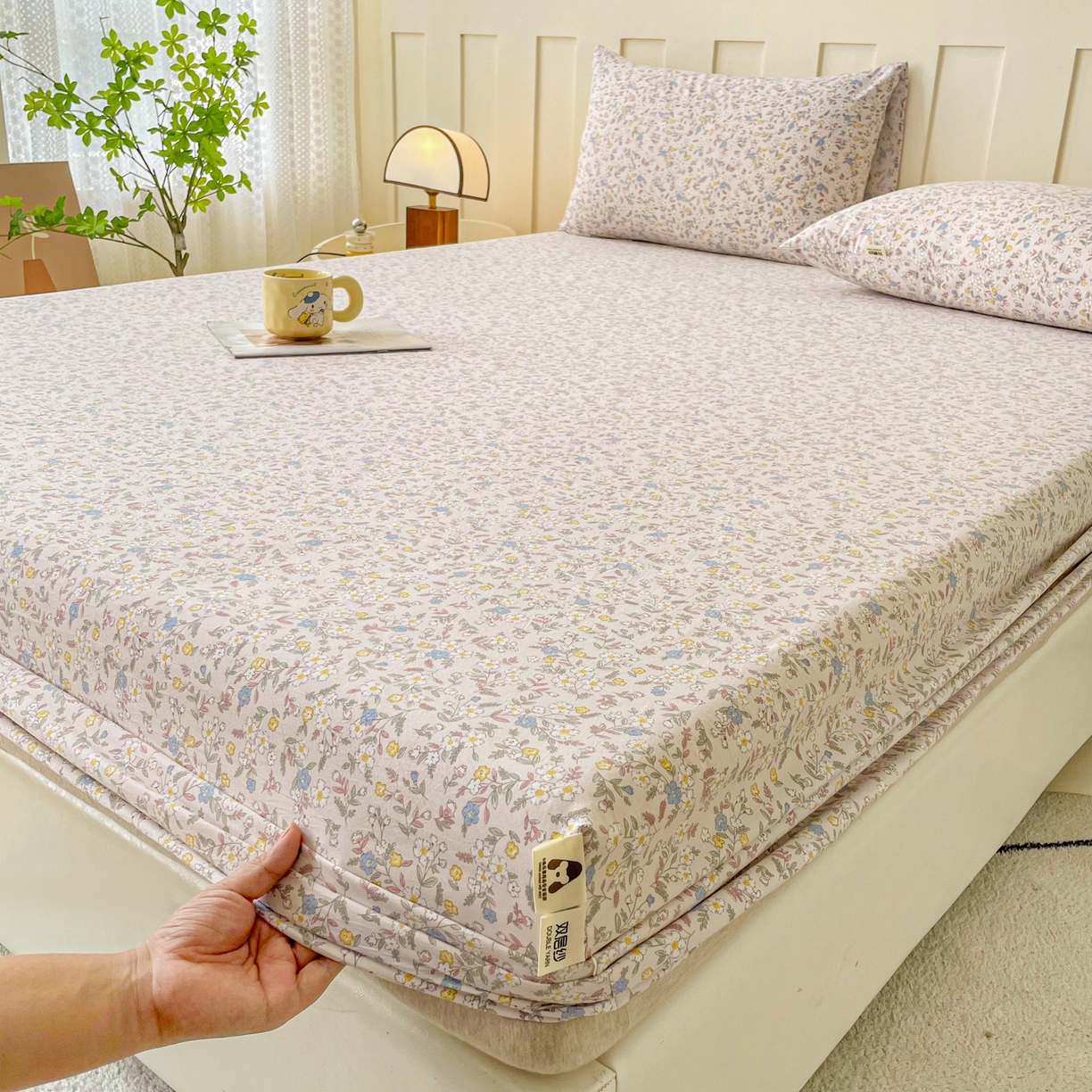 91家纺网 家纺一手货源 找家纺 首爱家纺 2025新款木棉双层纱印花床笠 花苑