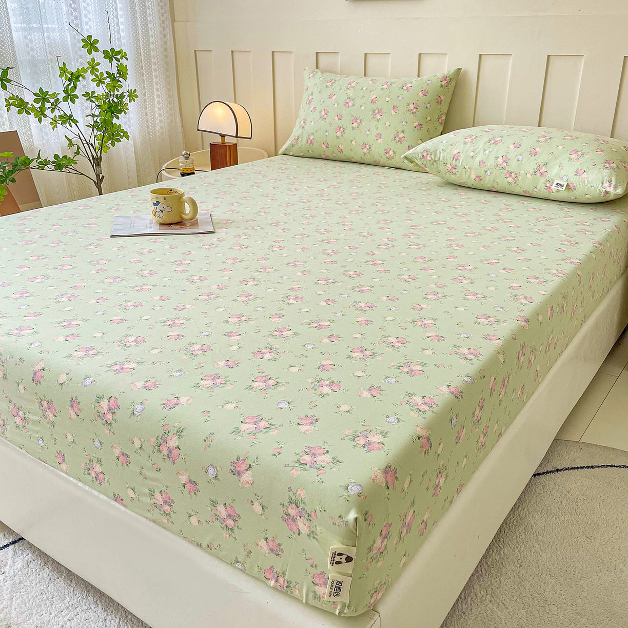 91家纺网 家纺一手货源 找家纺 首爱家纺 2025新款木棉双层纱印花床笠 花枝绚烂