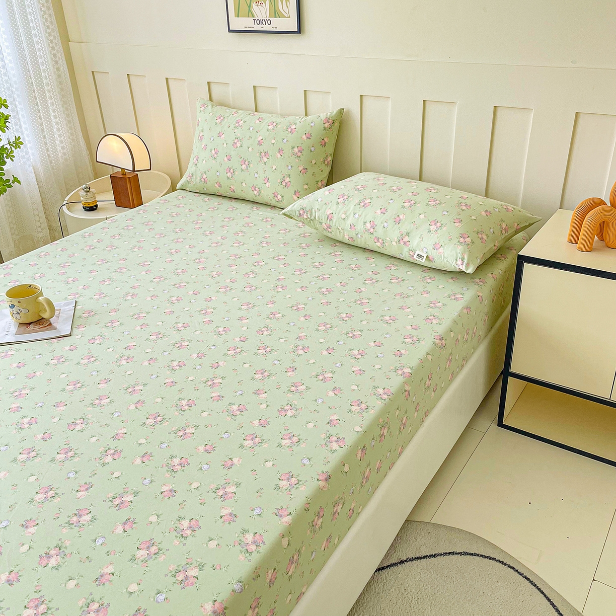 91家纺网 家纺一手货源 找家纺 首爱家纺 2025新款木棉双层纱印花床笠 花枝绚烂