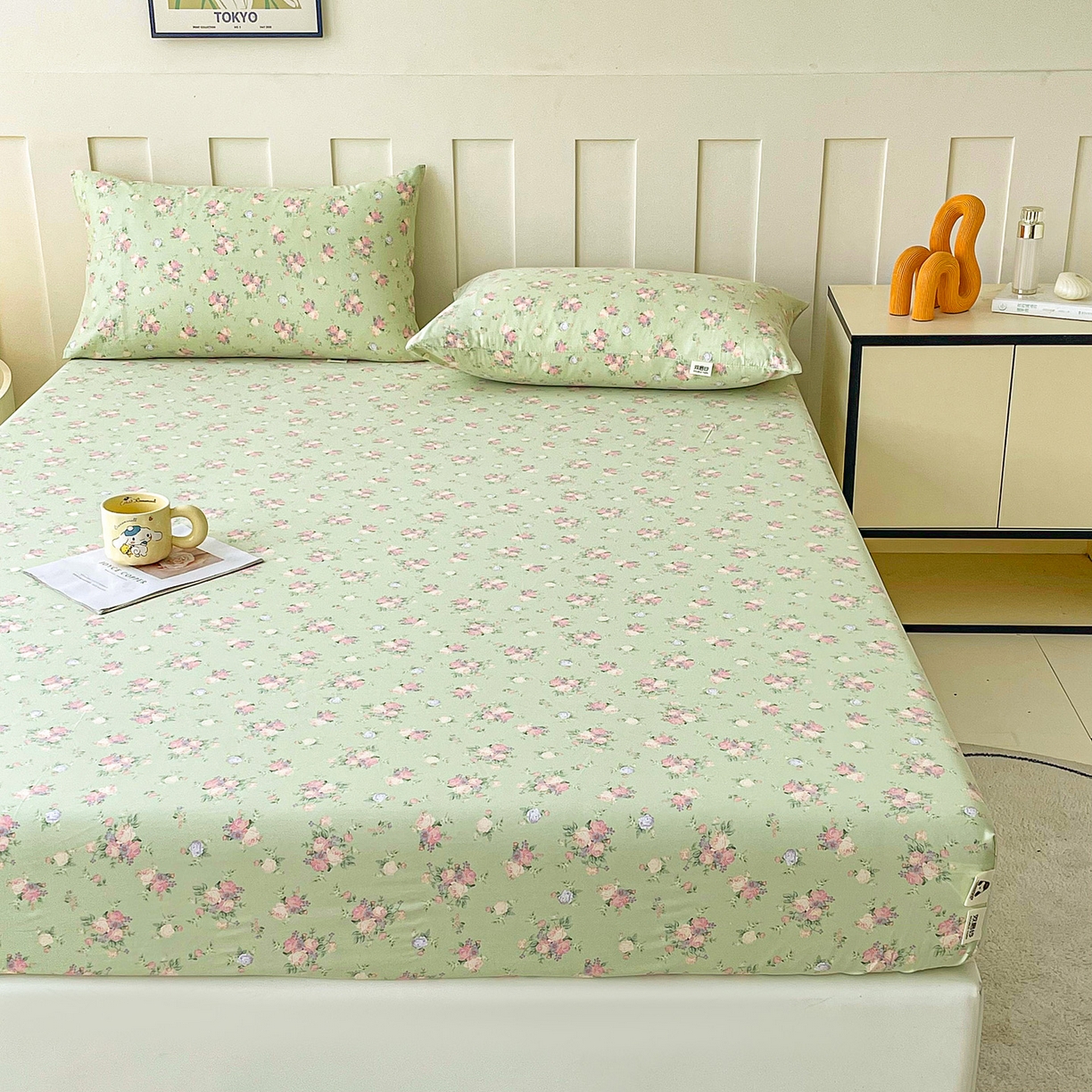 91家纺网 家纺一手货源 找家纺 首爱家纺 2025新款木棉双层纱印花床笠 花枝绚烂