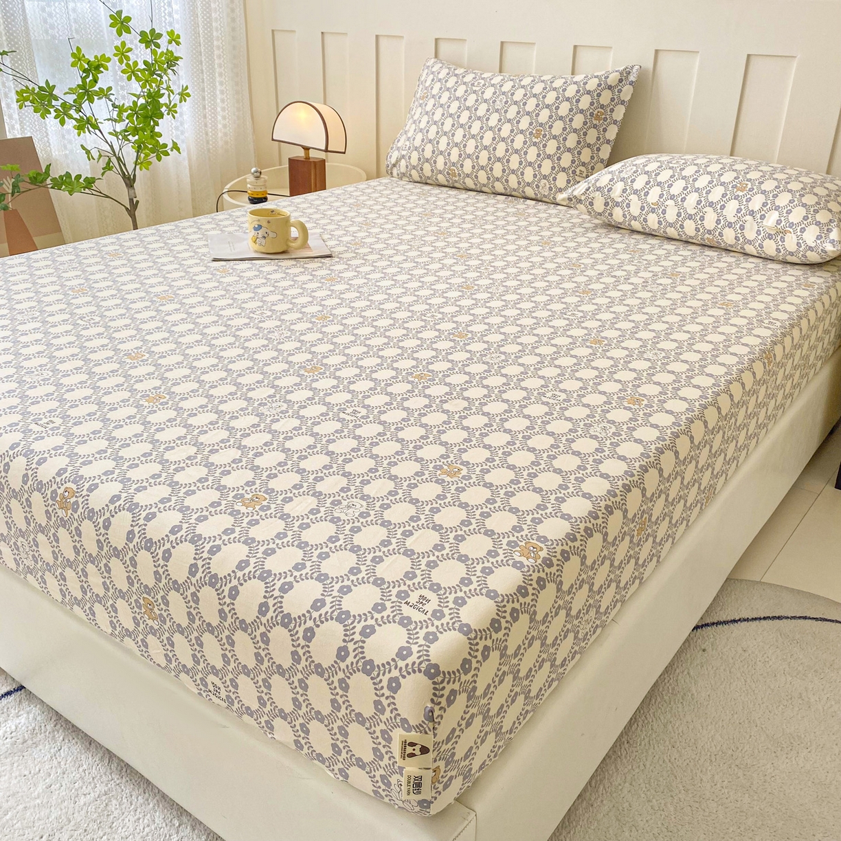 91家纺网 家纺一手货源 找家纺 首爱家纺 2025新款木棉双层纱印花床笠 杰西卡