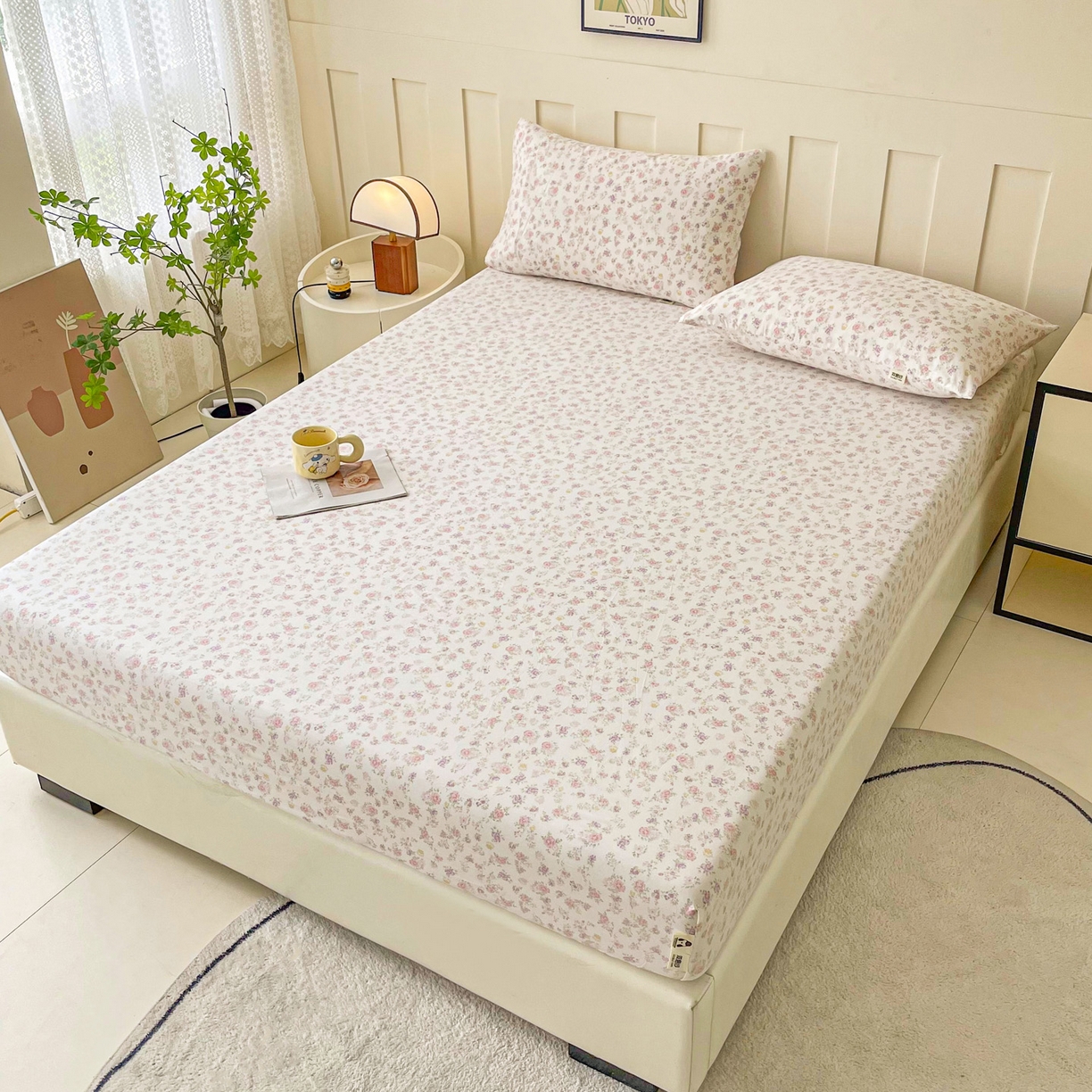 91家纺网 家纺一手货源 找家纺 首爱家纺 2025新款木棉双层纱印花床笠 镜花水月