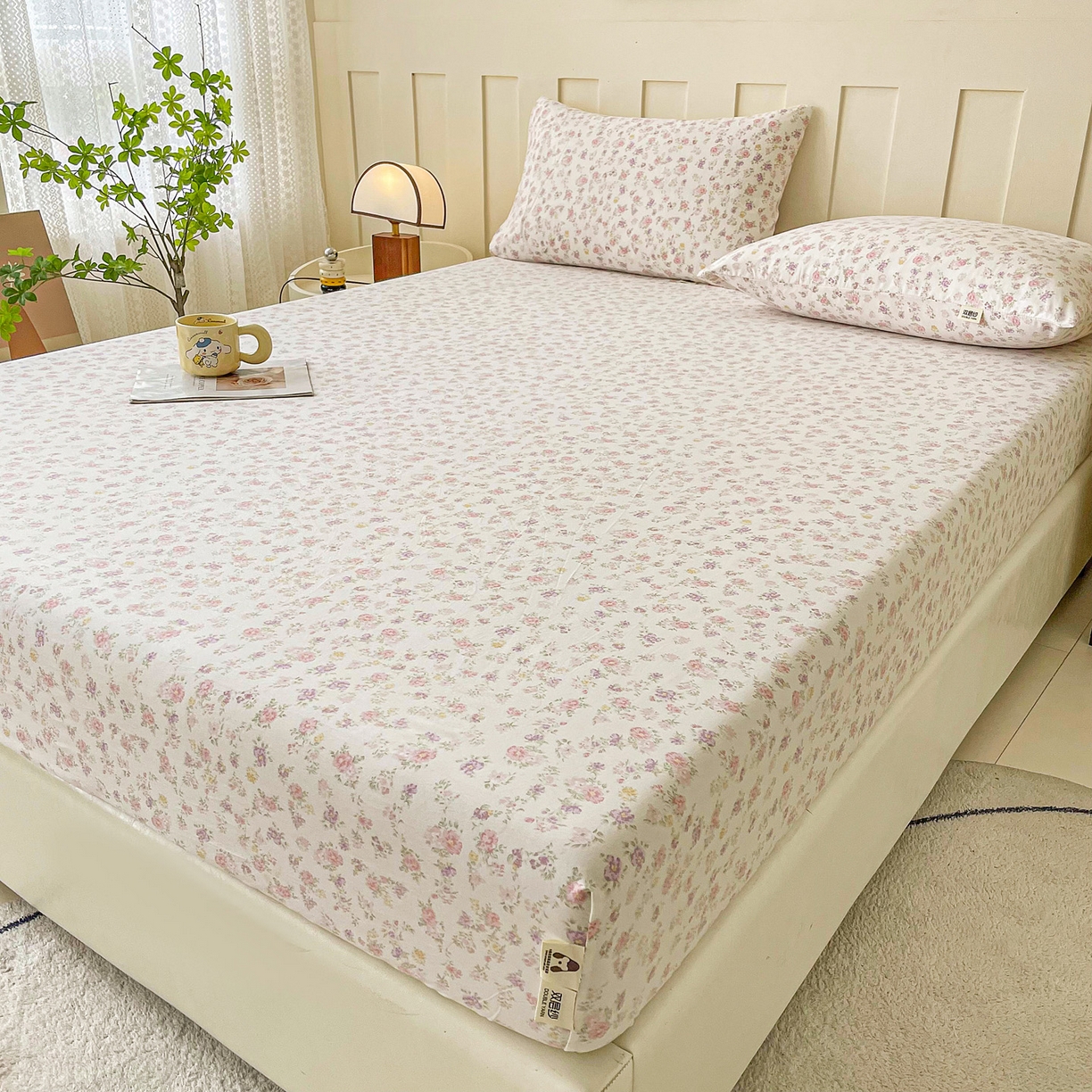 91家纺网 家纺一手货源 找家纺 首爱家纺 2025新款木棉双层纱印花床笠 镜花水月