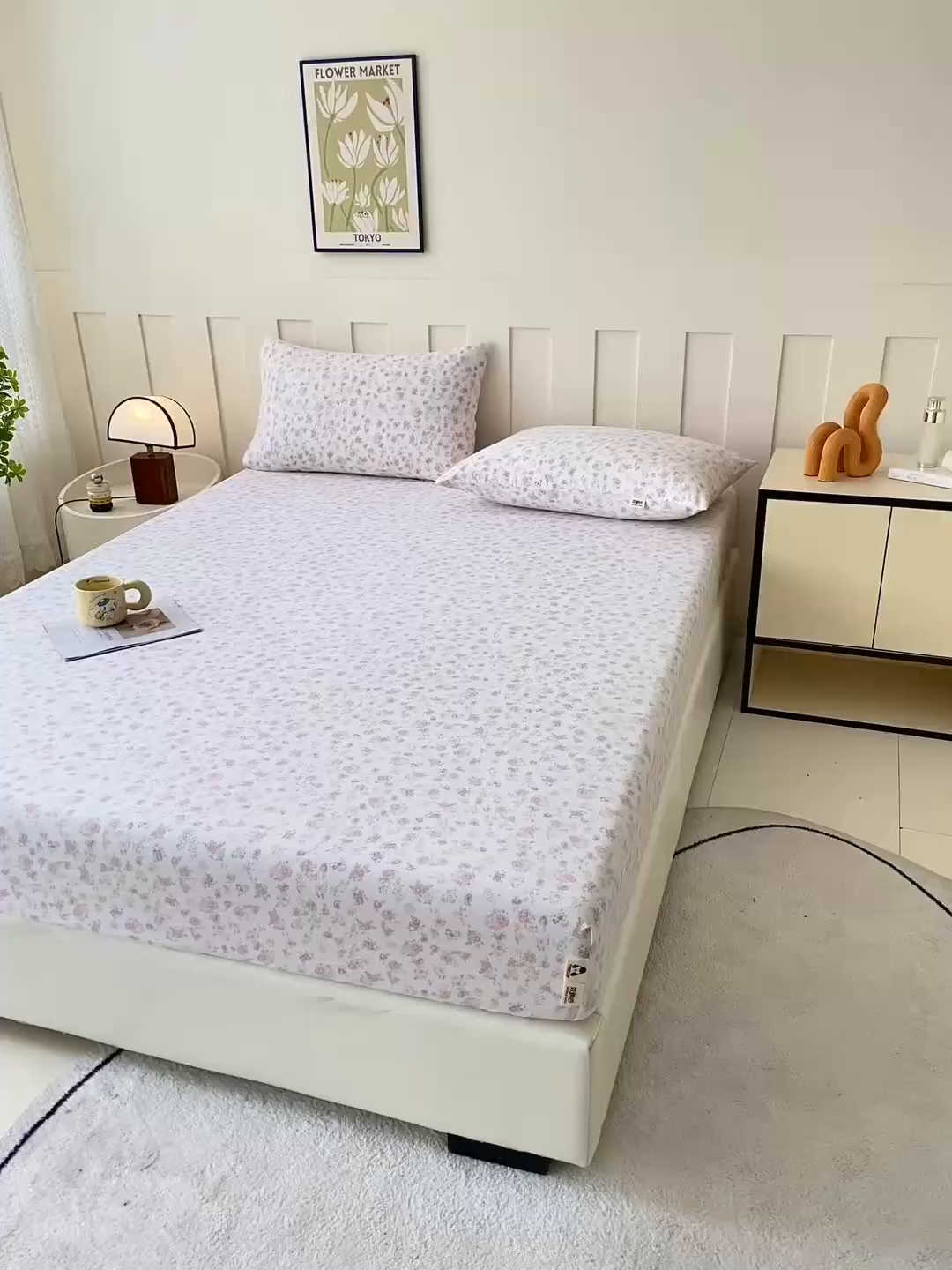 91家纺网 家纺一手货源 找家纺 首爱家纺 2025新款木棉双层纱印花床笠 镜花水月