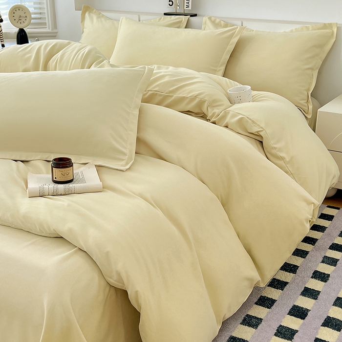 91家纺网 家纺一手货源 找家纺 世爵 2025新款热款轻奢简约风高克重纯色140克水洗磨毛四件套 杏黄