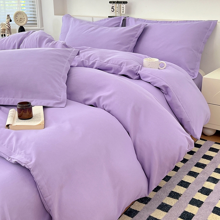 91家纺网 家纺一手货源 找家纺 世爵 2025新款热款轻奢简约风高克重纯色140克水洗磨毛四件套 紫色