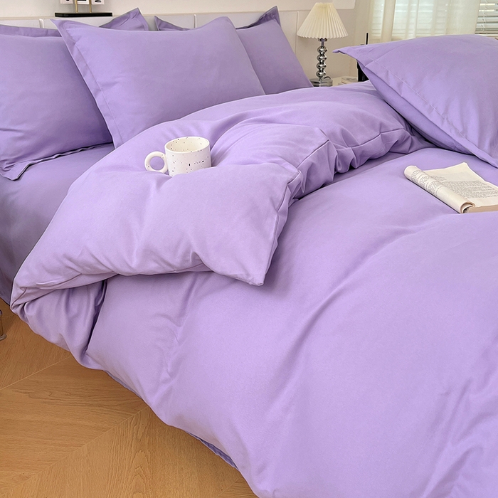 91家纺网 家纺一手货源 找家纺 世爵 2025新款热款轻奢简约风高克重纯色140克水洗磨毛四件套 紫色