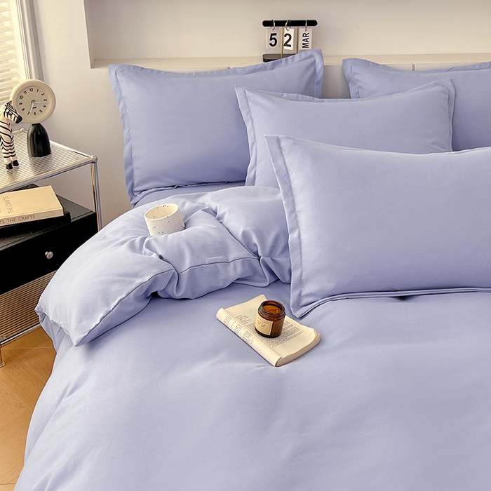 91家纺网 家纺一手货源 找家纺 世爵 2025新款热款轻奢简约风高克重纯色140克水洗磨毛四件套 蓝灰