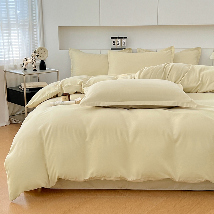 91家纺网 家纺一手货源 找家纺 世爵 2025新款热款轻奢简约风高克重纯色140克水洗磨毛四件套 杏黄