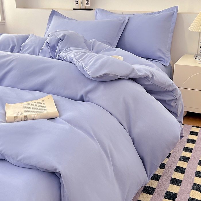 91家纺网 家纺一手货源 找家纺 世爵 2025新款热款轻奢简约风高克重纯色140克水洗磨毛四件套 蓝灰