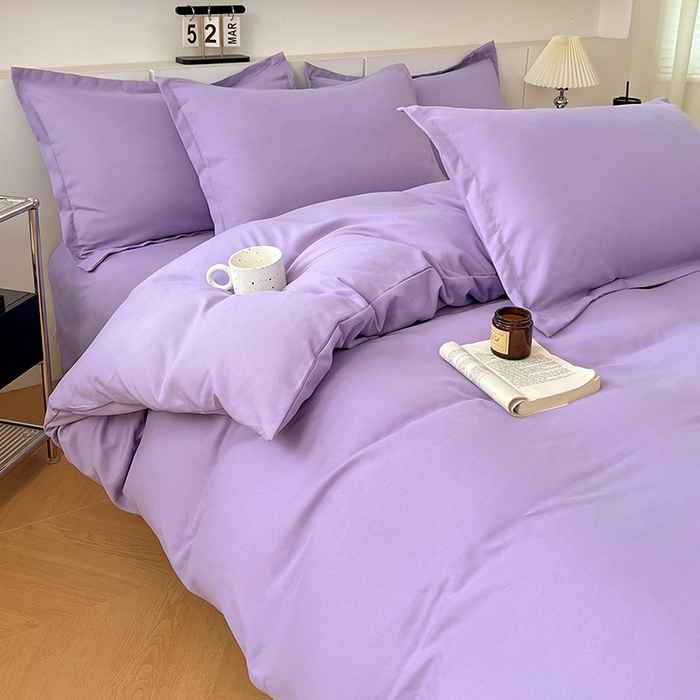 91家纺网 家纺一手货源 找家纺 世爵 2025新款热款轻奢简约风高克重纯色140克水洗磨毛四件套 紫色