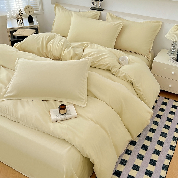 91家纺网 家纺一手货源 找家纺 世爵 2025新款热款轻奢简约风高克重纯色140克水洗磨毛四件套 杏黄