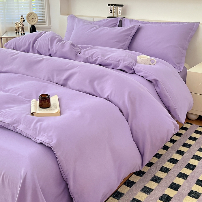 91家纺网 家纺一手货源 找家纺 世爵 2025新款热款轻奢简约风高克重纯色140克水洗磨毛四件套 紫色