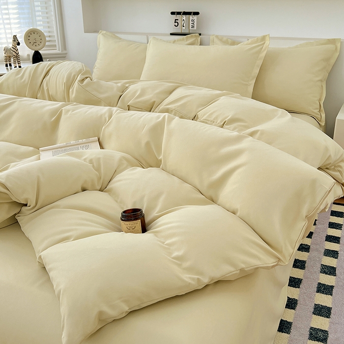 91家纺网 家纺一手货源 找家纺 世爵 2025新款热款轻奢简约风高克重纯色140克水洗磨毛四件套 杏黄