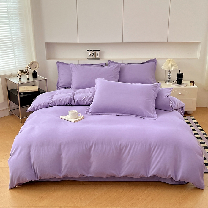 91家纺网 家纺一手货源 找家纺 世爵 2025新款热款轻奢简约风高克重纯色140克水洗磨毛四件套 紫色