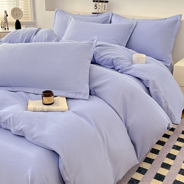 91家纺网 家纺一手货源 找家纺 世爵 2025新款热款轻奢简约风高克重纯色140克水洗磨毛四件套 蓝灰