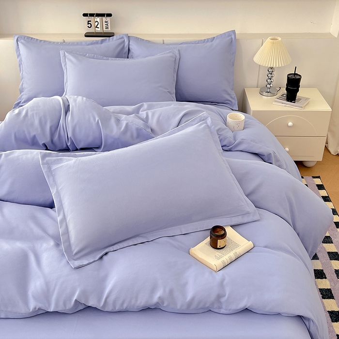 91家纺网 家纺一手货源 找家纺 世爵 2025新款热款轻奢简约风高克重纯色140克水洗磨毛四件套 蓝灰