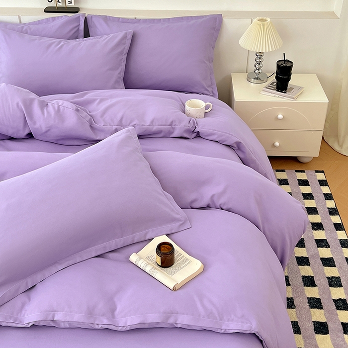 91家纺网 家纺一手货源 找家纺 世爵 2025新款热款轻奢简约风高克重纯色140克水洗磨毛四件套 紫色