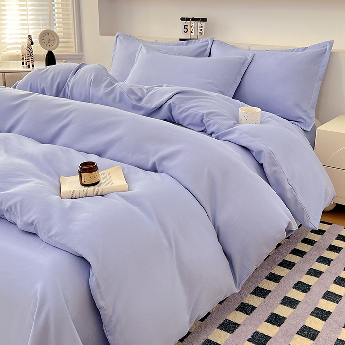 91家纺网 家纺一手货源 找家纺 世爵 2025新款热款轻奢简约风高克重纯色140克水洗磨毛四件套 蓝灰