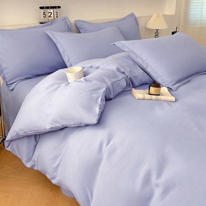 91家纺网 家纺一手货源 找家纺 世爵 2025新款热款轻奢简约风高克重纯色140克水洗磨毛四件套 蓝灰