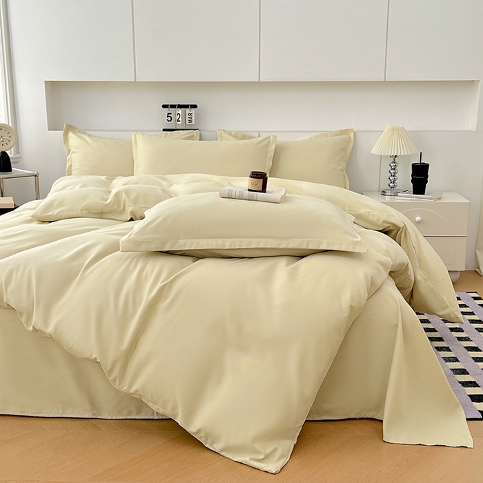 91家纺网 家纺一手货源 找家纺 世爵 2025新款热款轻奢简约风高克重纯色140克水洗磨毛四件套 杏黄