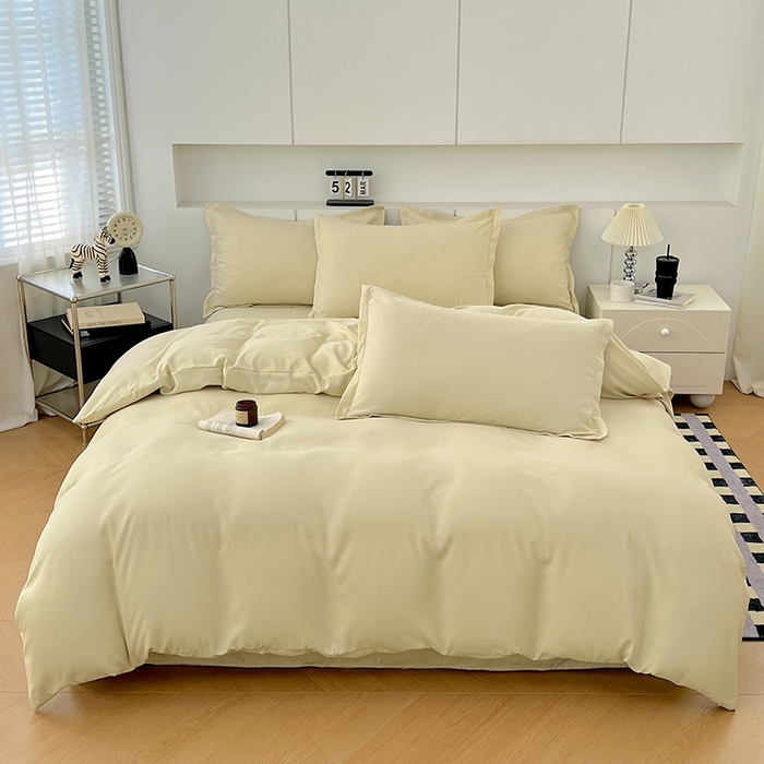 91家纺网 家纺一手货源 找家纺 世爵 2025新款热款轻奢简约风高克重纯色140克水洗磨毛四件套 杏黄