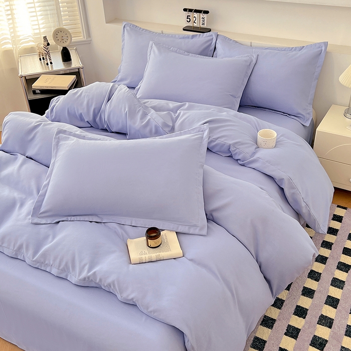 91家纺网 家纺一手货源 找家纺 世爵 2025新款热款轻奢简约风高克重纯色140克水洗磨毛四件套 蓝灰