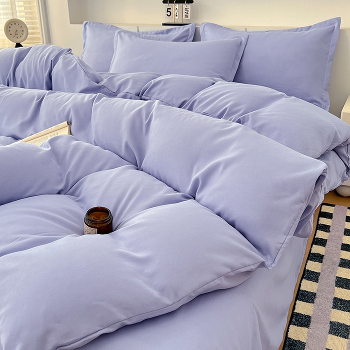 91家纺网 家纺一手货源 找家纺 世爵 2025新款热款轻奢简约风高克重纯色140克水洗磨毛四件套 蓝灰