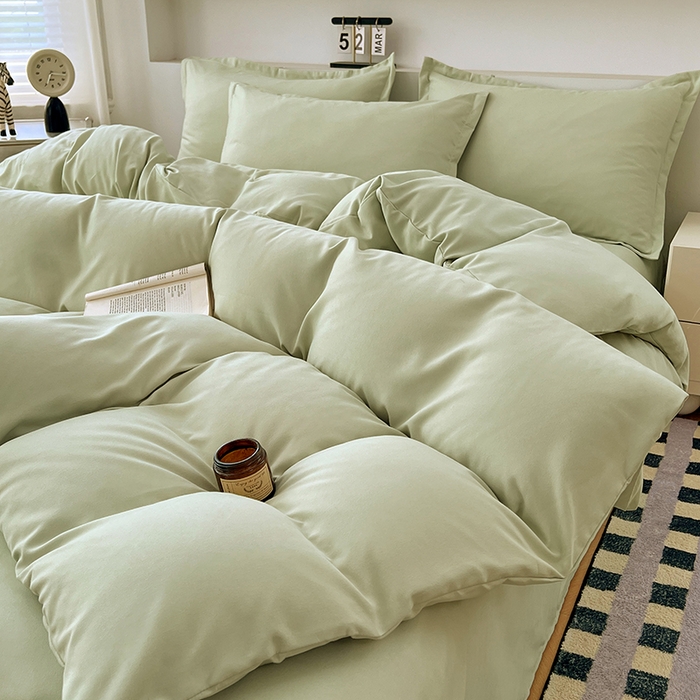 91家纺网 家纺一手货源 找家纺 世爵 2025新款热款轻奢简约风高克重纯色140克水洗磨毛四件套 绿色