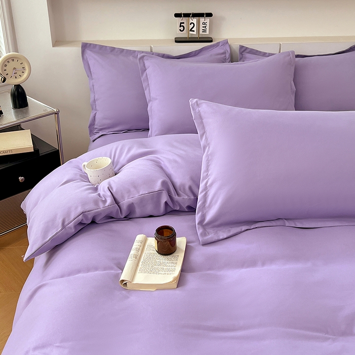 91家纺网 家纺一手货源 找家纺 世爵 2025新款热款轻奢简约风高克重纯色140克水洗磨毛四件套 紫色