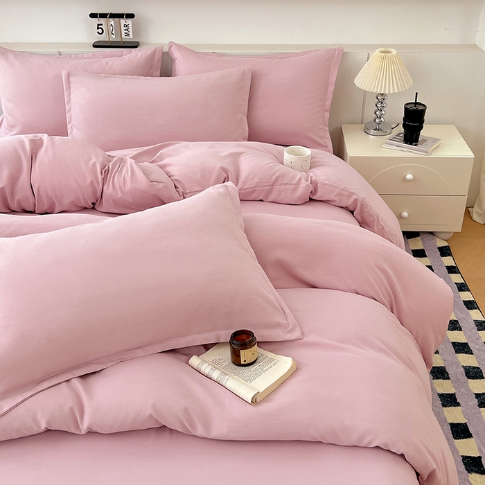 91家纺网 家纺一手货源 找家纺 世爵 2025新款热款轻奢简约风高克重纯色140克水洗磨毛四件套 豆沙