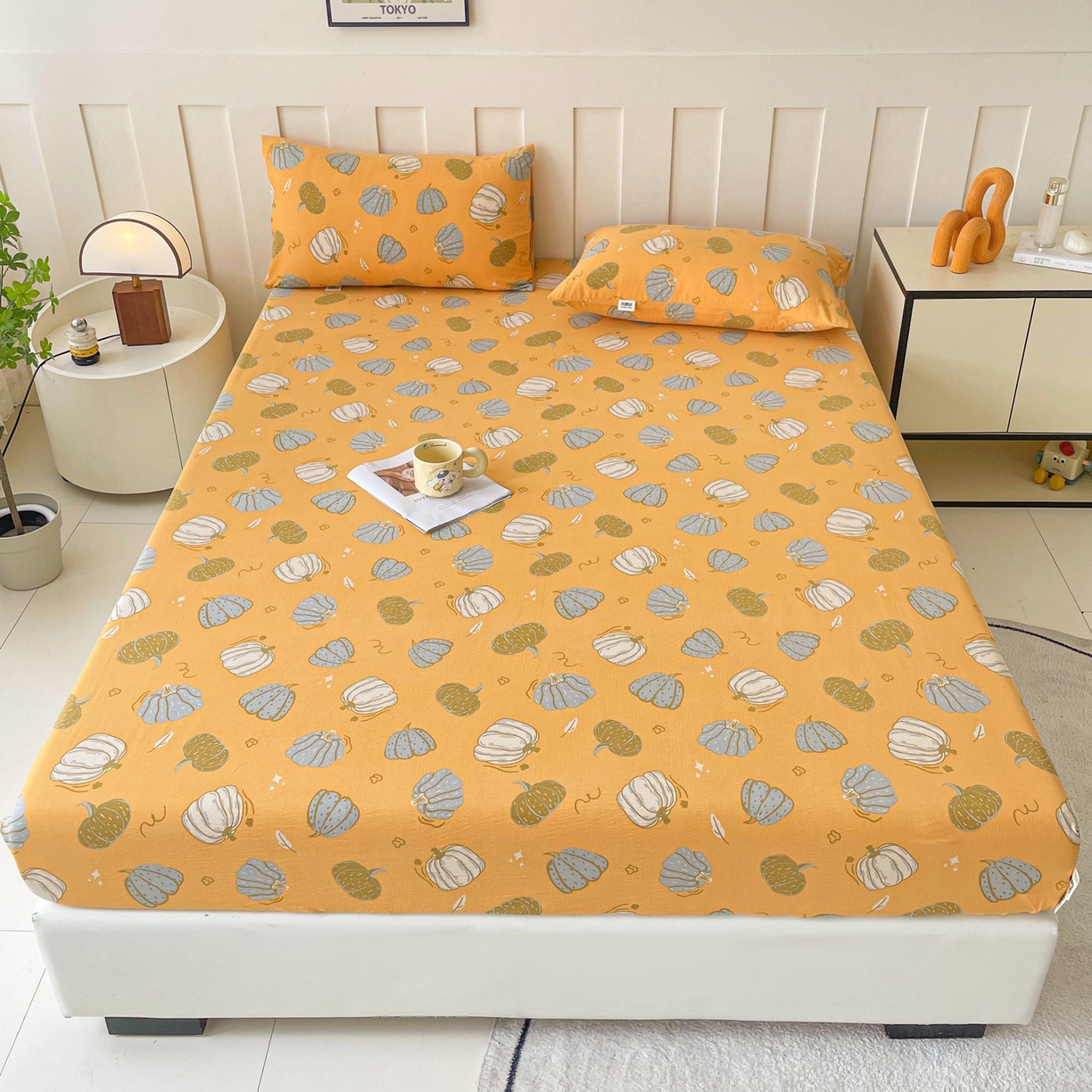 91家纺网 家纺一手货源 找家纺 首爱家纺 2025新款木棉双层纱印花床笠 可爱南瓜