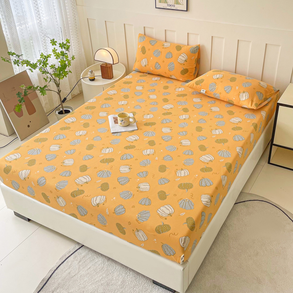 91家纺网 家纺一手货源 找家纺 首爱家纺 2025新款木棉双层纱印花床笠 可爱南瓜