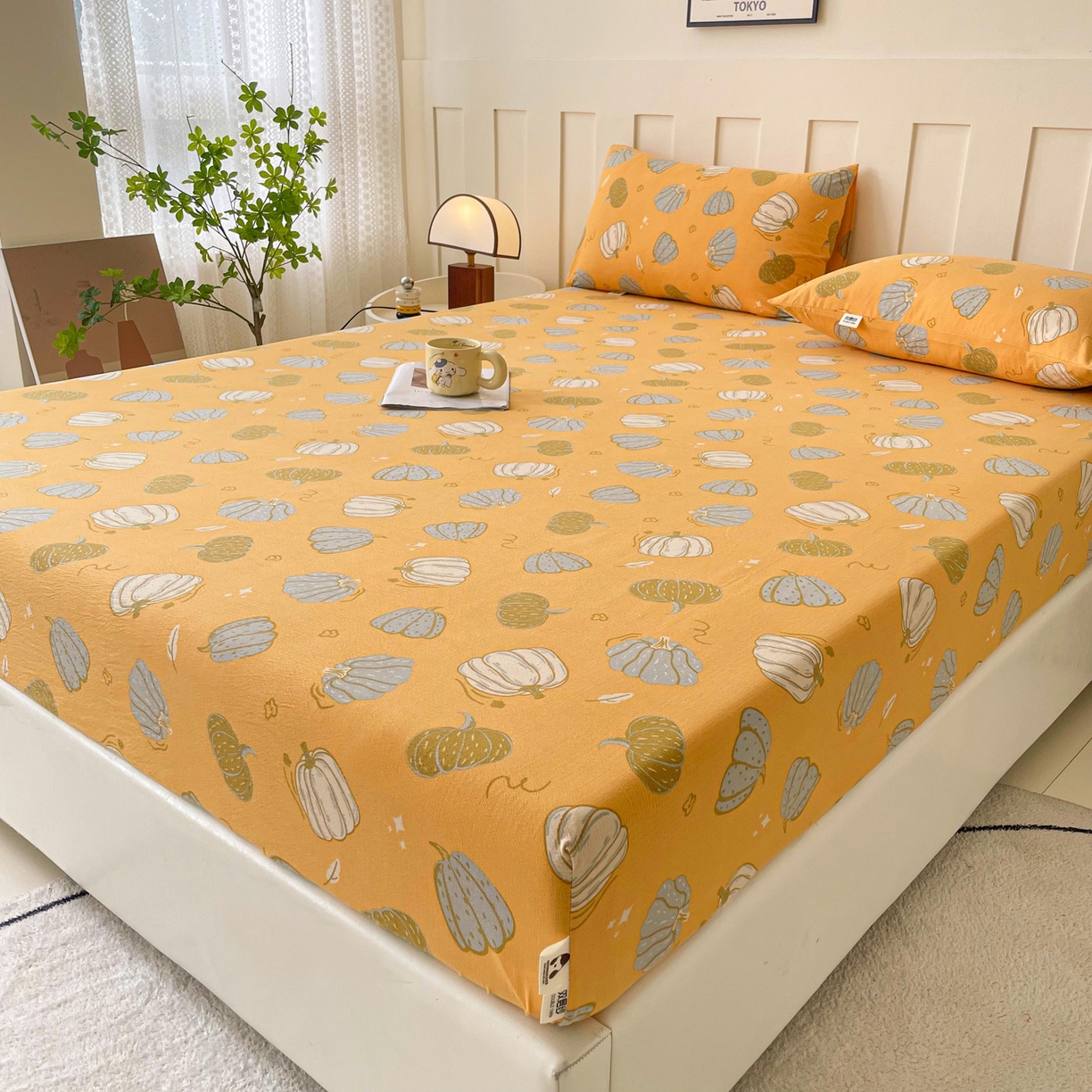 91家纺网 家纺一手货源 找家纺 首爱家纺 2025新款木棉双层纱印花床笠 可爱南瓜