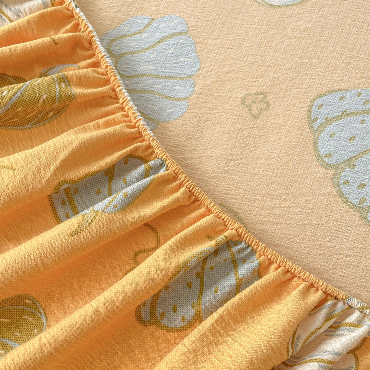 91家纺网 家纺一手货源 找家纺 首爱家纺 2025新款木棉双层纱印花床笠 可爱南瓜