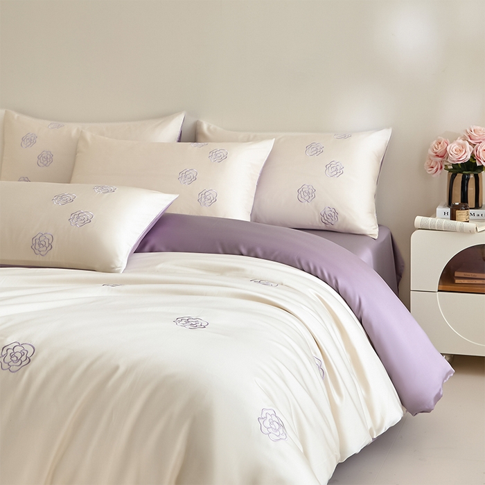 91家纺网 家纺一手货源 找家纺 618家纺 2025新款A类新疆长绒棉四件套--邂逅山茶 邂逅山茶紫