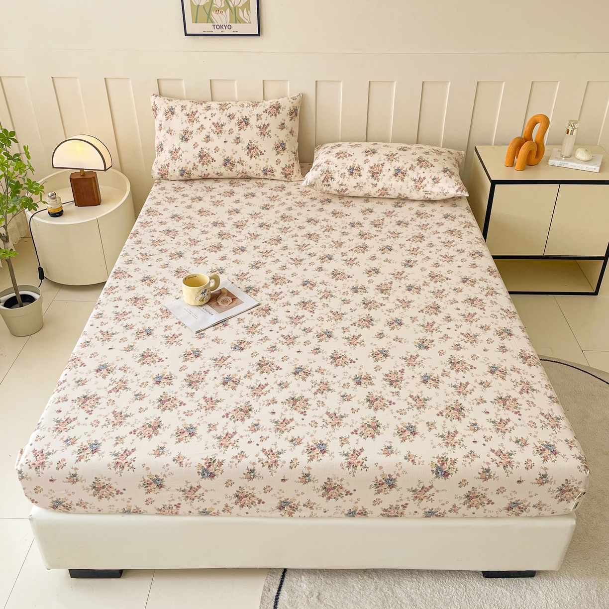 91家纺网 家纺一手货源 找家纺 首爱家纺 2025新款木棉双层纱印花床笠 兰亭