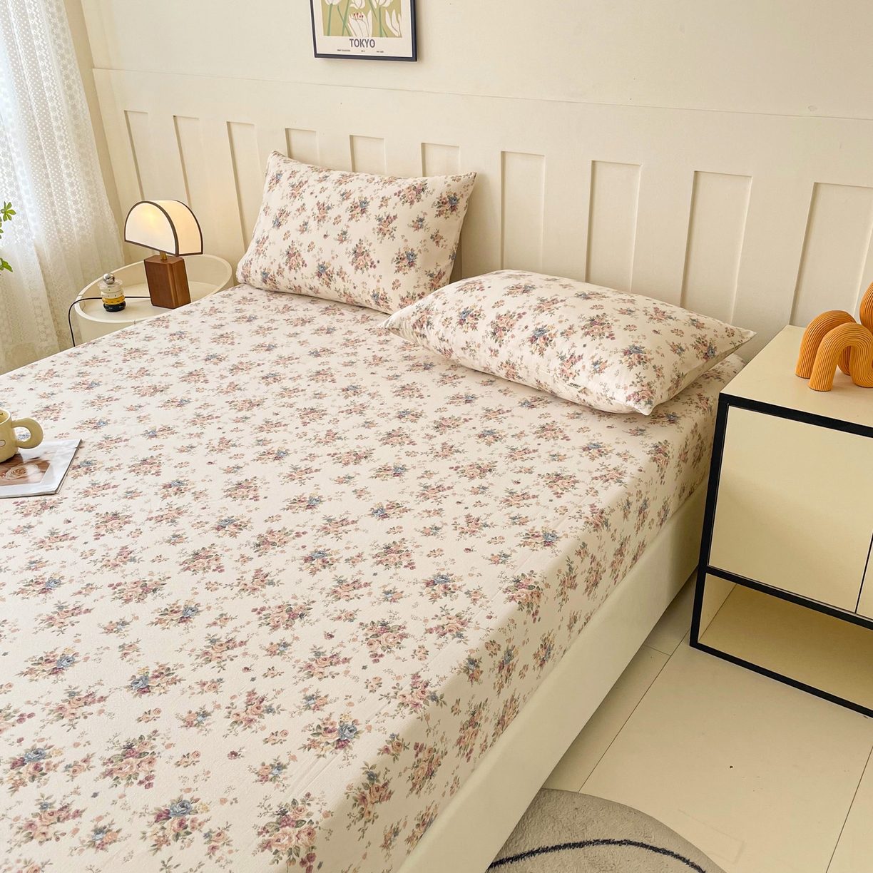 91家纺网 家纺一手货源 找家纺 首爱家纺 2025新款木棉双层纱印花床笠 兰亭