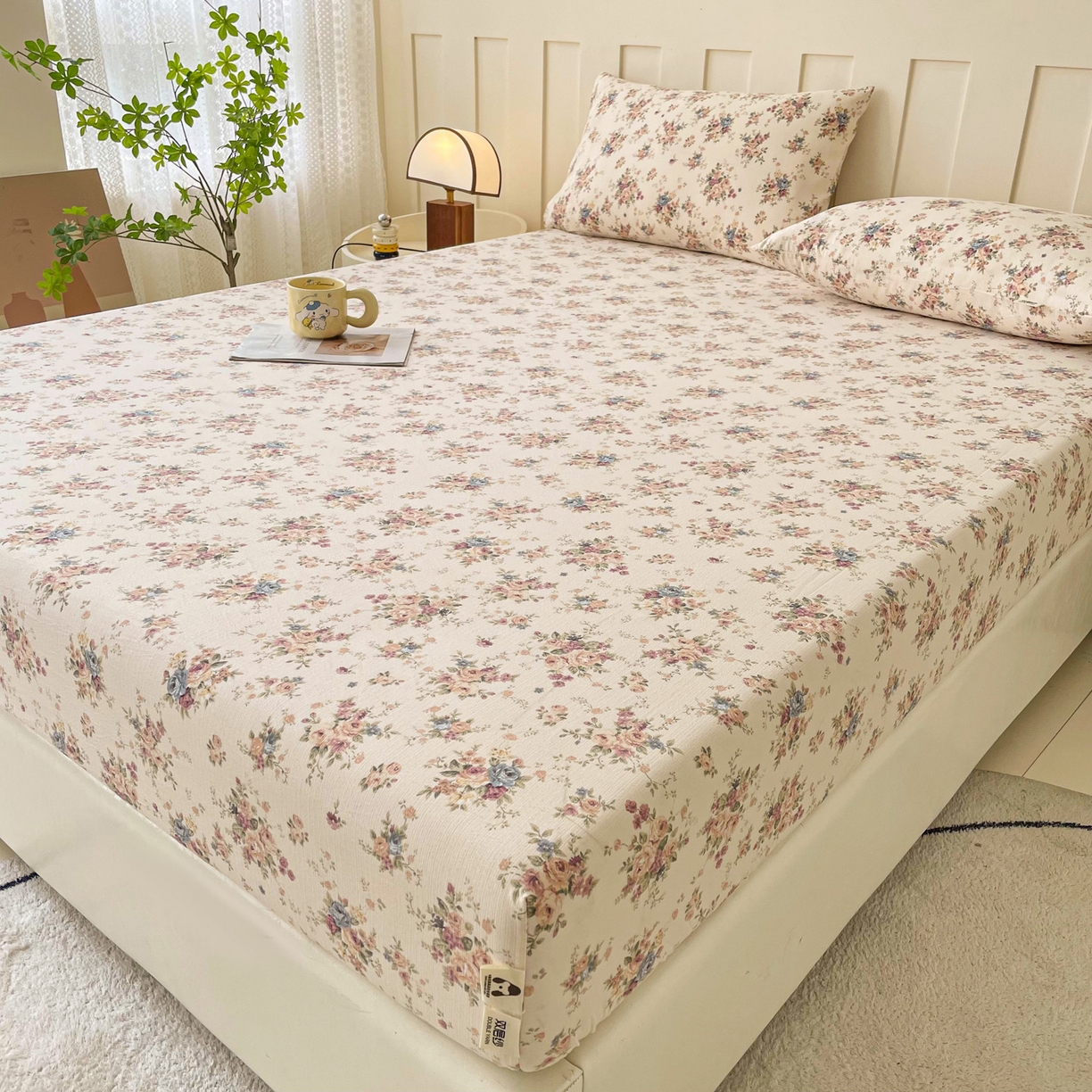 91家纺网 家纺一手货源 找家纺 首爱家纺 2025新款木棉双层纱印花床笠 兰亭