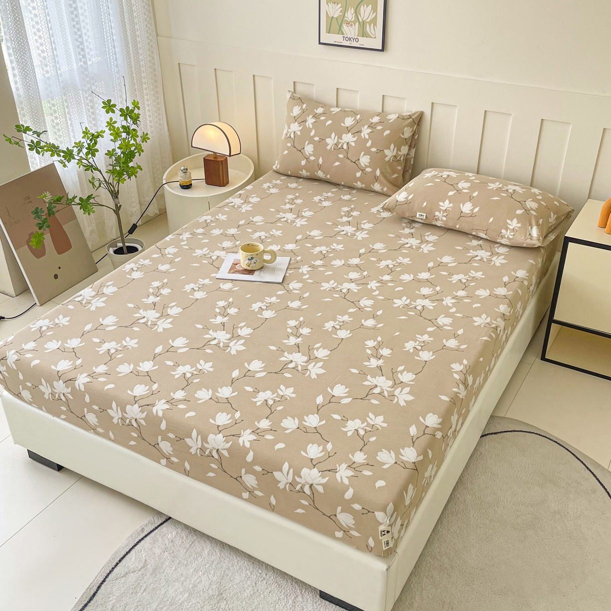 91家纺网 家纺一手货源 找家纺 首爱家纺 2025新款木棉双层纱印花床笠 满园芳华