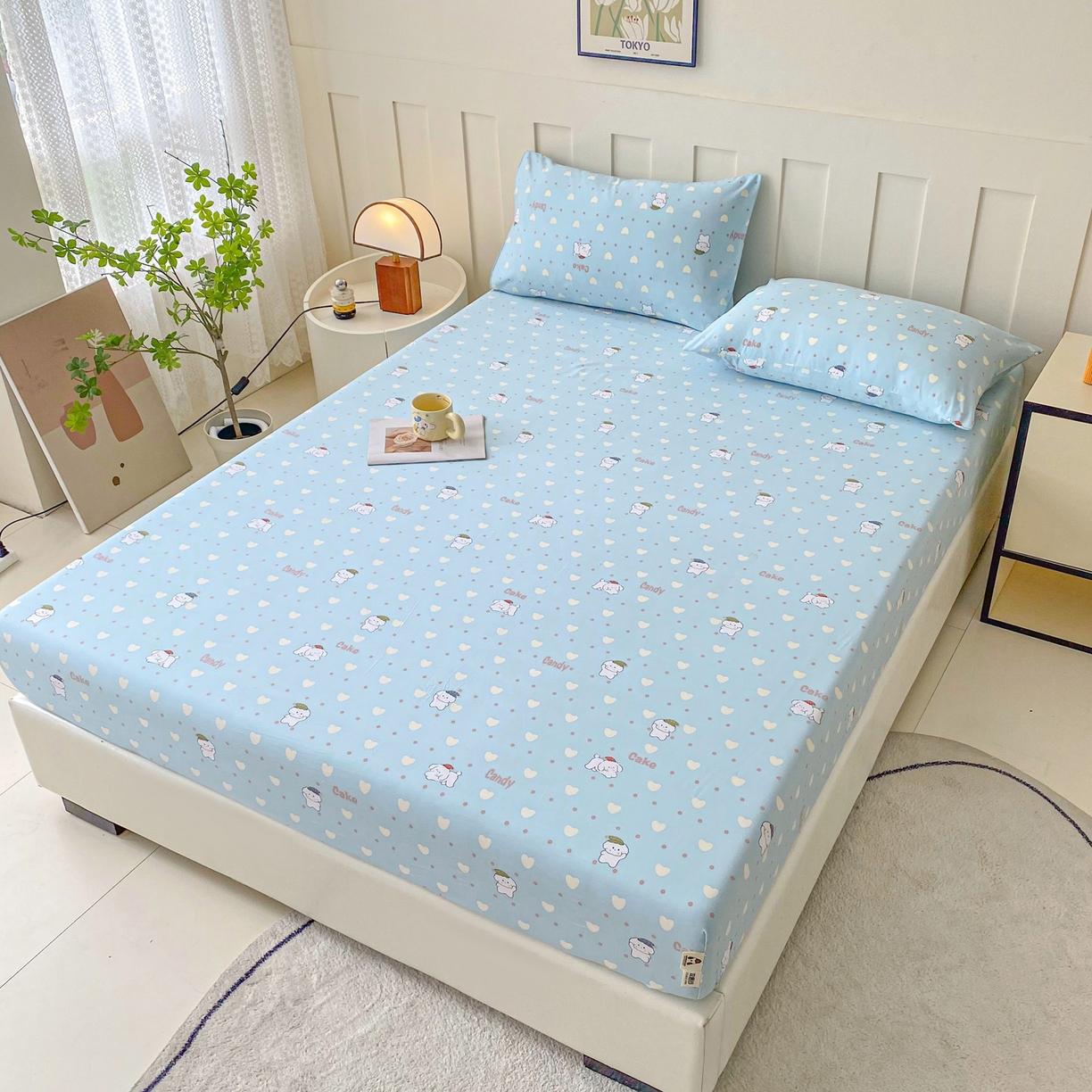 91家纺网 家纺一手货源 找家纺 首爱家纺 2025新款木棉双层纱印花床笠 萌宠小屋