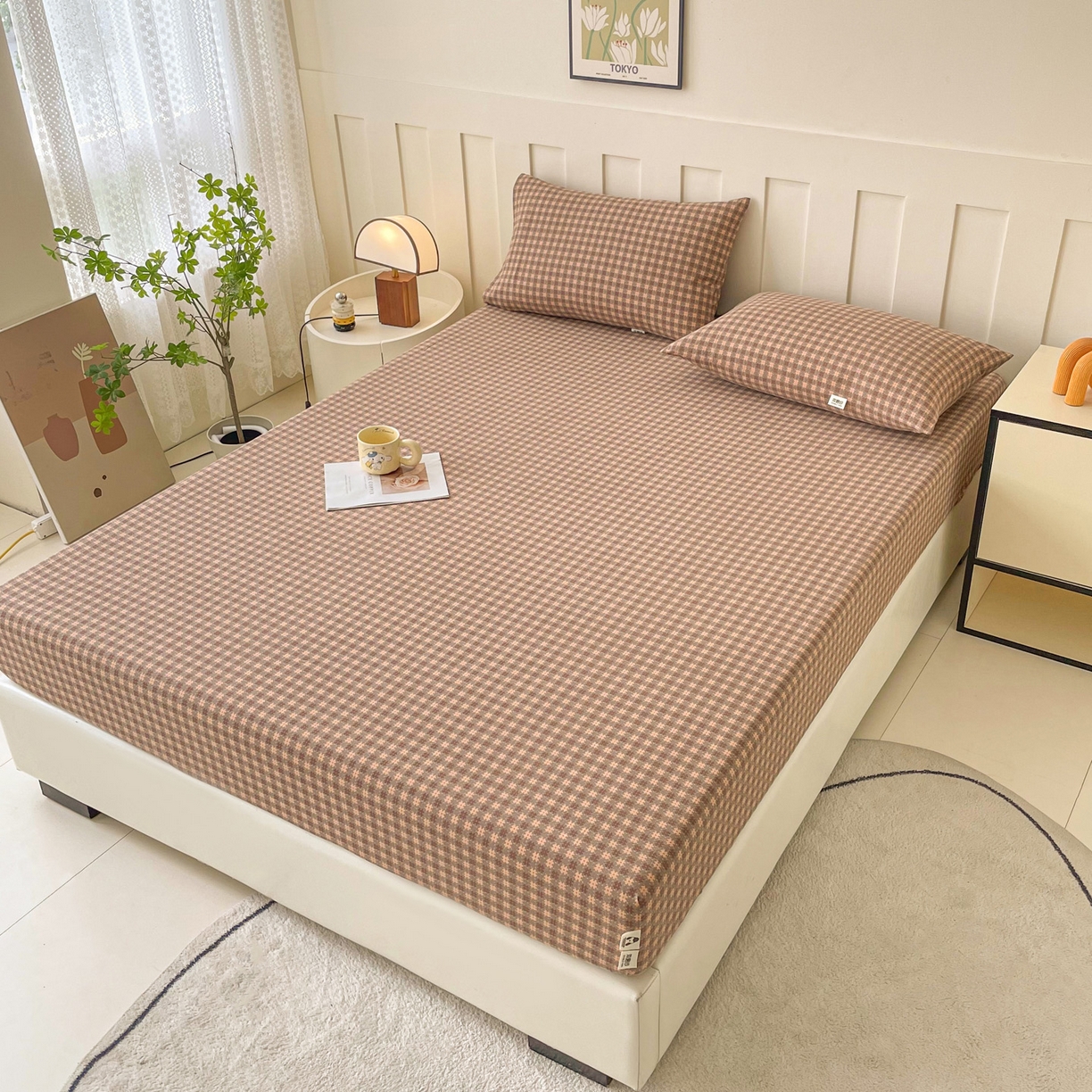 91家纺网 家纺一手货源 找家纺 首爱家纺 2025新款木棉双层纱印花床笠 素红格