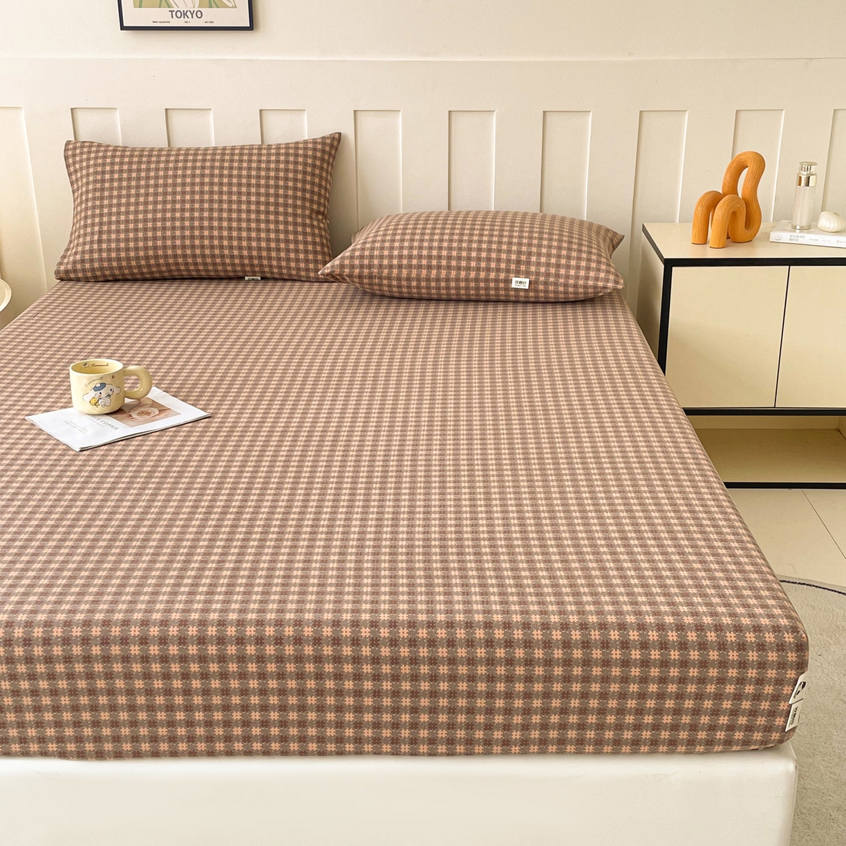 91家纺网 家纺一手货源 找家纺 首爱家纺 2025新款木棉双层纱印花床笠 素红格