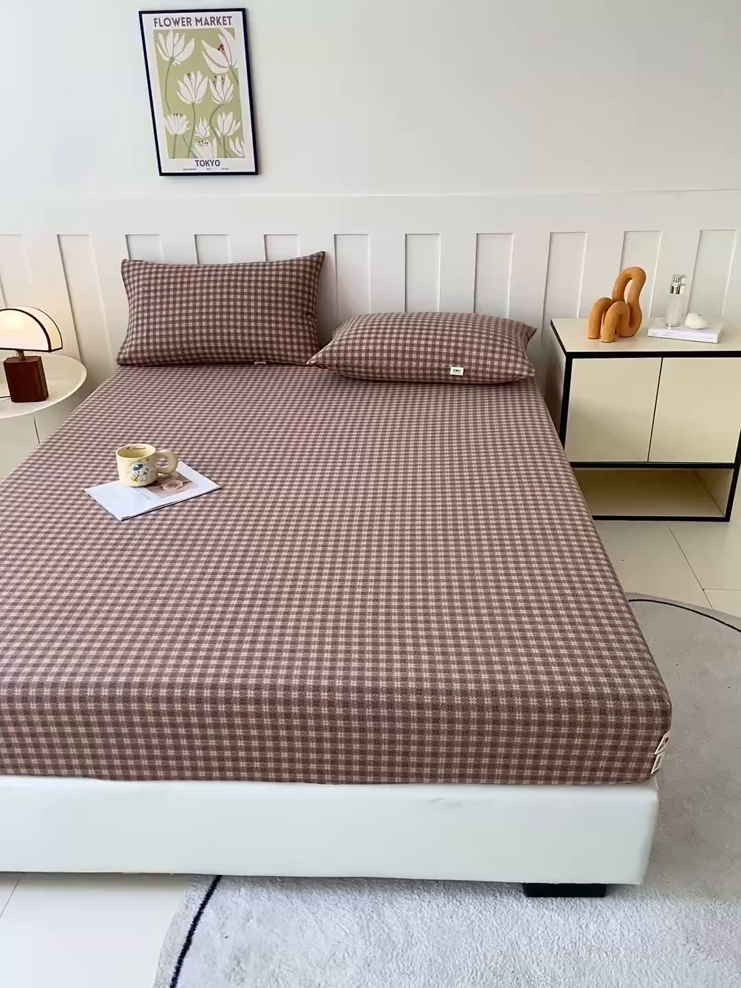 91家纺网 家纺一手货源 找家纺 首爱家纺 2025新款木棉双层纱印花床笠 素红格