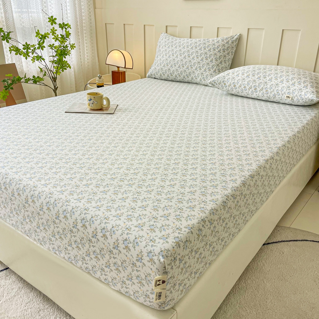 91家纺网 家纺一手货源 找家纺 首爱家纺 2025新款木棉双层纱印花床笠 婷语花间